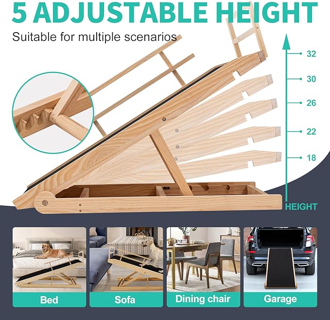 Dog Ramp, 5 Level Adjustable Height Folding Pet Ramp for High Bed, Portable Paw Ramps Large Bed Ramp for Medium & Large Old Dogs & Cats - Natural Wood Furniture Quality