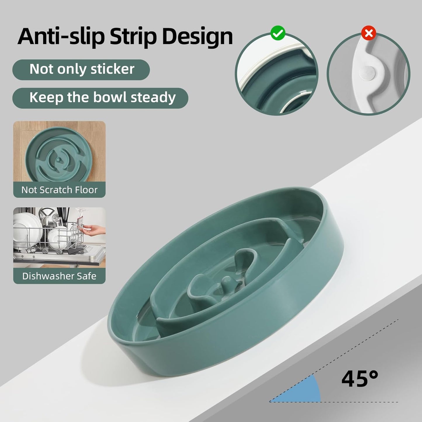 6.1inch Ceramic Dog Bowl Slow Feeder, Slow Dish for Small Dog, Wet and Dry Food Dish, Stop Bloat, Preventing Choking(Single Bowl-Dark Green)