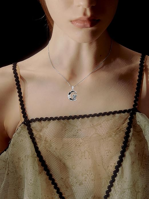 Gothic Jewelry Bat/Cat/Wolf/Dragon/Owl/Fox/Spider/Sun Pendant Sterling Silver Crescent Moon Necklace for Women Girls Black Jewelry Gifts