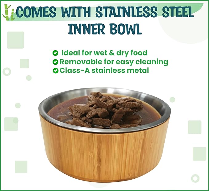 Elevated Dog Bowls for Large Breed - (15-Inch High) Raised Bamboo Holder with Stainless Dish - Suitable for Dry and Wet Pet Food - Tall Stand, Deter Ants/Bugs