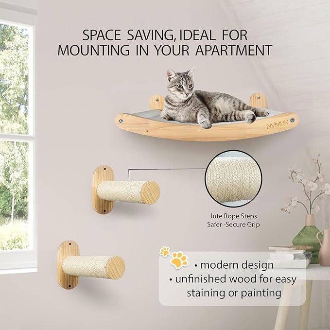 NVMBR Cat Wall Furniture Lounge with Sisal Stairs Set, 16 inch Stud Design, Easy Install Mounts, Holds up to 33 lbs Climber Indoor Perches for Walls, Shelf Hammock with Saftety Bar