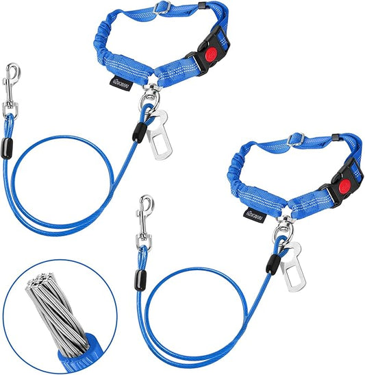 Chew Proof Dog Car Seat Belt, 2 in 1 Steel Cable Dog Car Accessories Headrest Restraint Doggie Car Seatbelt for Medium Large Dogs Chewer Heavy Duty Doggie Seatbelts for Cars Swivel Attach