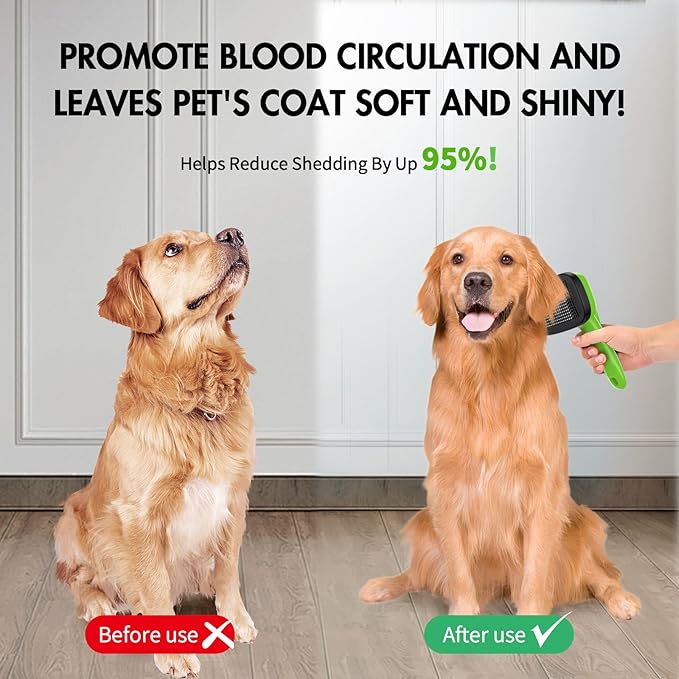 Dog Brush for Shedding, Self Cleaning Slicker Brush Ideal for Short Long Haired Dogs & Cats. Removes Loose Fur, Undercoat, Mats, Tangled Hair. Suit for Large Medium Small Animal, Green