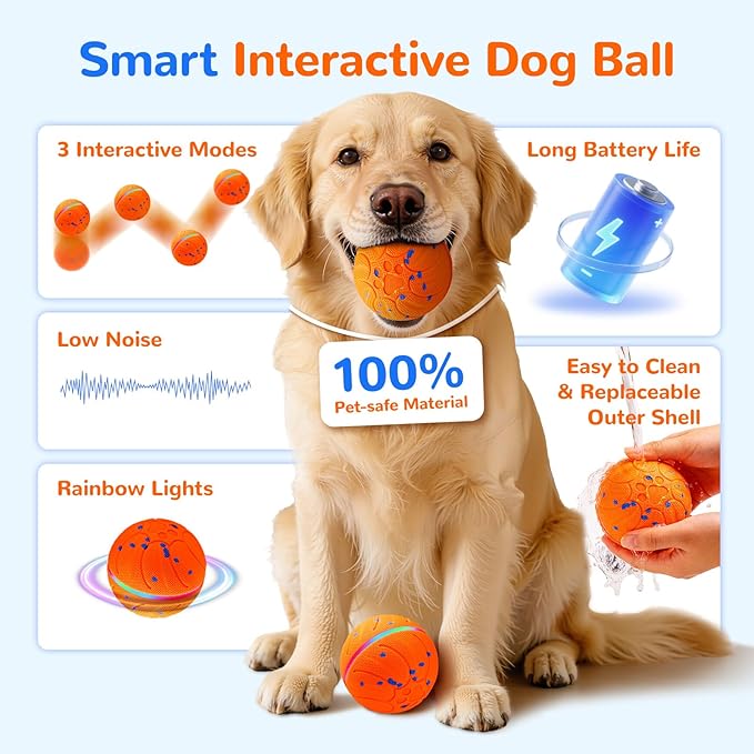 Smart Interactive Dog Toys - ETPU New Material Automatic Moving Dog Ball, Motion Activated Rolling & Rotating Bouncy Toy for Medium & Large Dogs’ Enrichment & Stimulation-Orange