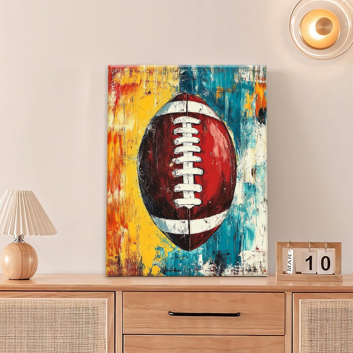 Graffiti Football Bathroom Pictures Wall Art, Rugby Sport Bathroom Wall Decor, Colorful Football Framed Painting Canvas Artwork for Bedroom Living Room Decorations 20"L x 16"W