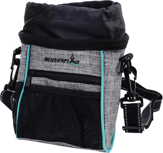 Dog Treat Pouches Training Walking Bag with Shoulder Strap, Large Space for Pets Food, Polyester Fabric, 3-Way Wearing Design, Portable Pet Bagand Easy to Clean, Black with Grey