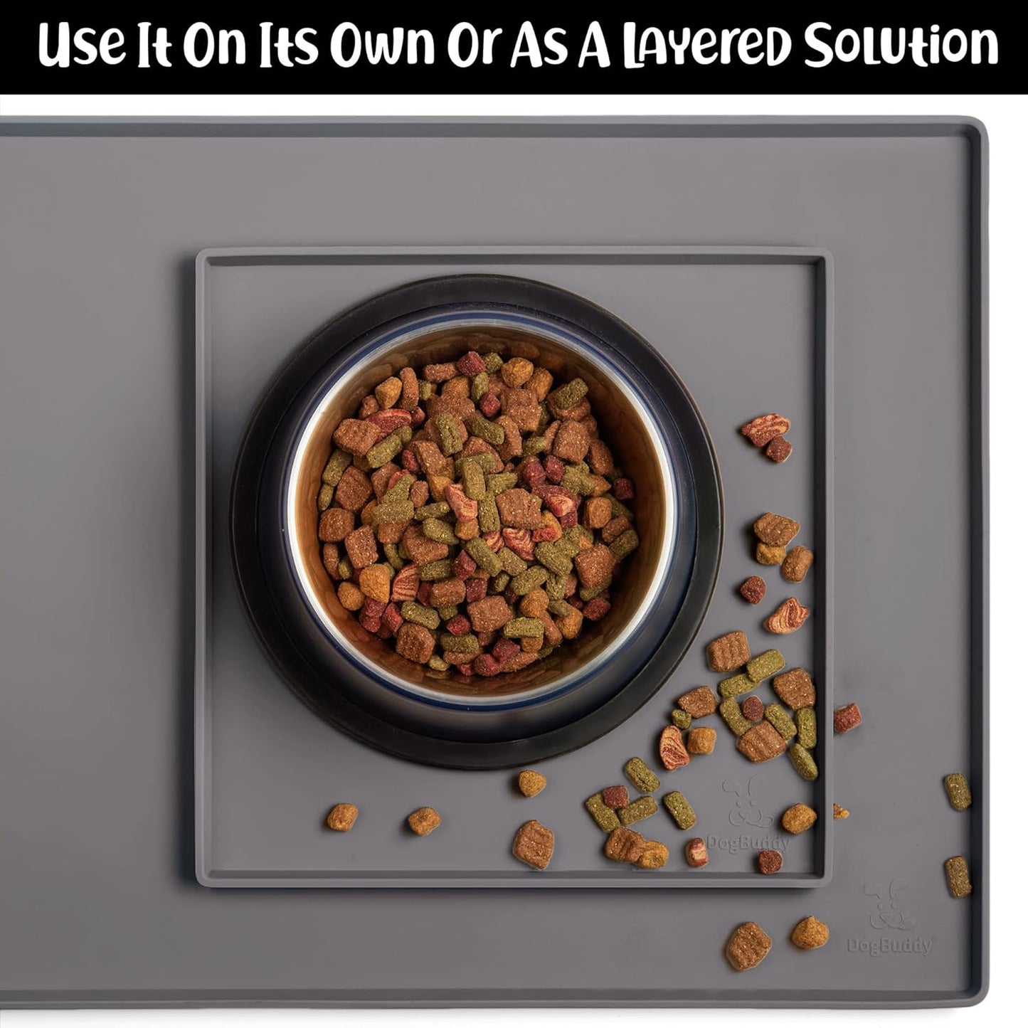 DogBuddy Dog Food Mat – Waterproof Dog Bowl Mat for Food and Water, Silicone Pet Feeding Mats For Floors, Non-Slip Placemat with High Edges For Dogs Bowls, Puppy Essentials (XS: 11" x 11", Shadow