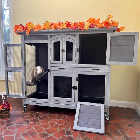 GUTINNEEN Guinea Pig Cage 2 Story Indoor Rabbit Hutch Outdoor Bunny House with Wheels and Leakproof Tray 47" L