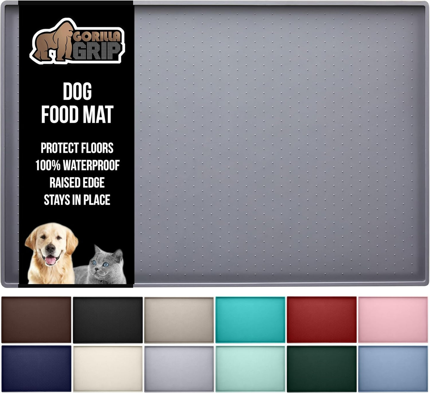 GORILLA GRIP 100% Waterproof Raised Edge BPA Free Silicone Pet Feeding Mat, Dog Cat Food Mats Contain Spills Protects Floors, Placemats for Cats and Dogs Water Bowl, Pets Accessories 32x24 Gray