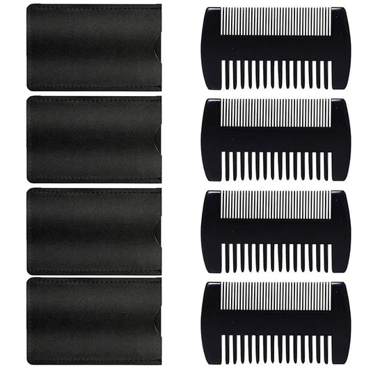 4 Pack Double-Sided Pocket Comb, Wooden Dual Action Beard and Mustache Comb Set with Leather Cases for Beards and Mustaches, Everyday Styling Comb For Detangling Knots (Black lacquer)