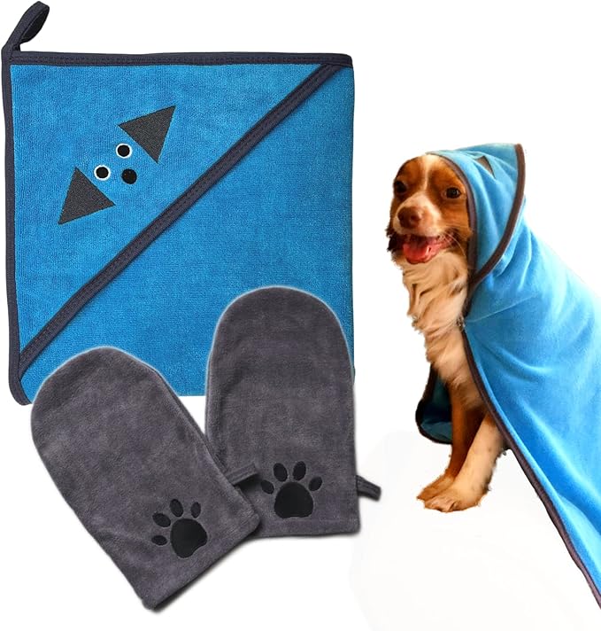 Penny & Niko Multi Purpose Microfiber Pet Towel and Mitt Set - Cat, Dog Drying Towel/Hooded Robe and Paw Cleaning Gloves - 30x30 inches - Blue/Gray Set