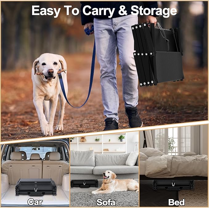 Extra Wide Dog Stairs for Large Dogs, Foldable Dog Ramp for Car with Non-Slip Surface, Lightweight Dog Stairs for Cars, Dog Steps for Cars, SUV, High Beds, Truck, Supports up to 250 lbs, 4 Steps