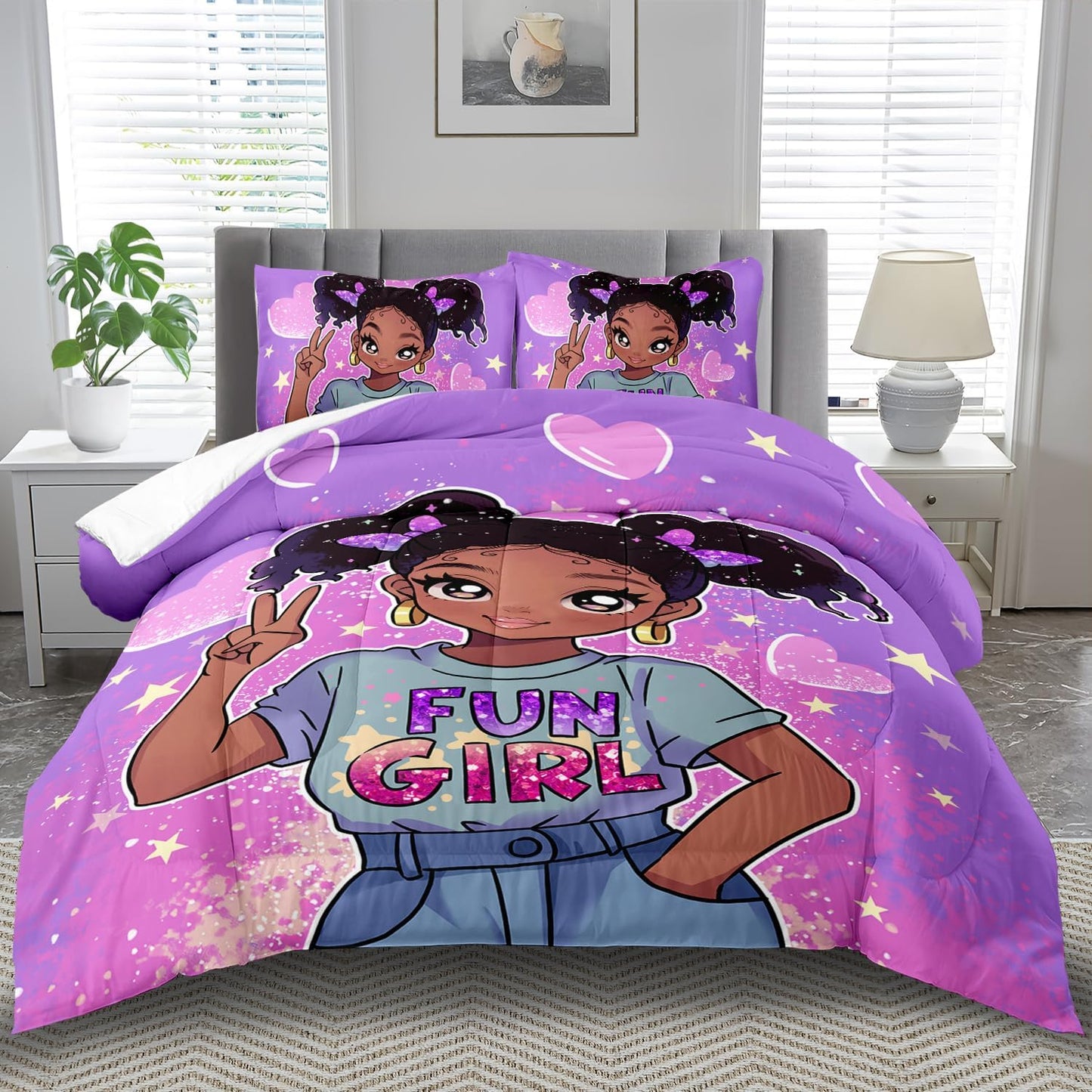 African American Black Girl Comforter Set Twin Size,Cute Black Girl Bedding Set Twin for Kids,Kawaii Heart Comforter Purple Bedding Decor for Teen,Purple Bed Quilt