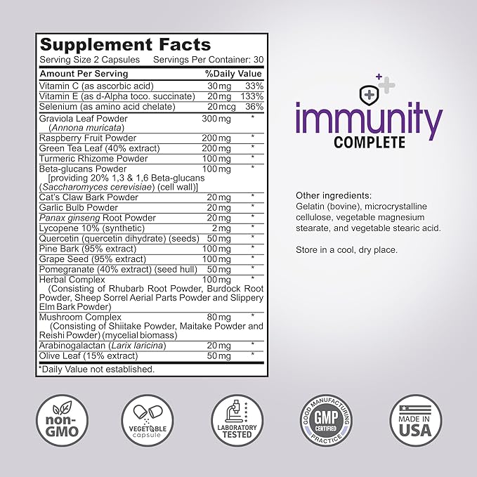 Instant Brands Immunity Complete - 20-in-1 Immune System Booster Formula with Cat's Claw, Quercetin, Vitamin C, and Olive Leaf Extract 60ct (Pack of 2)