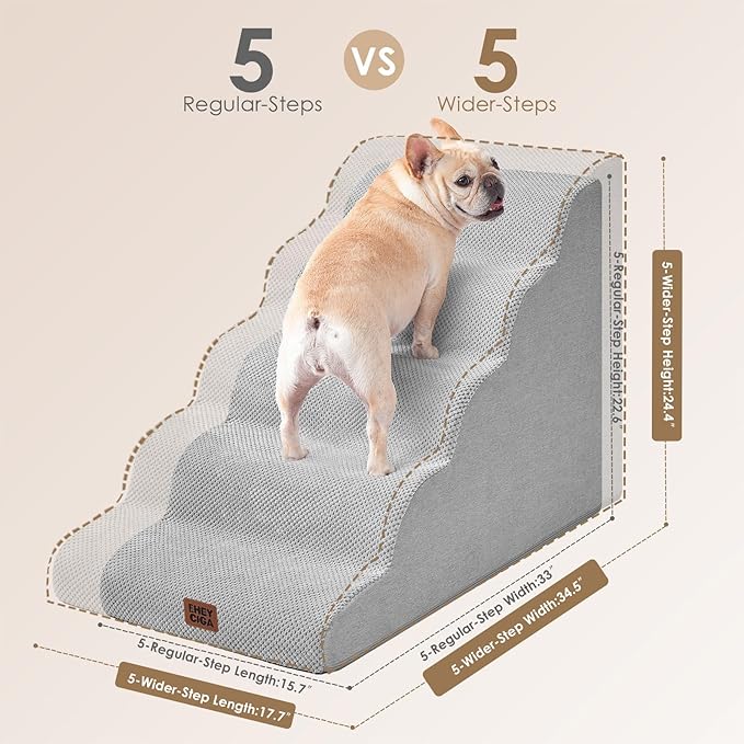 EHEYCIGA Curved Dog Stairs Ramp for High Beds, 5-Step Extra Wide Dog Steps for Small Dogs and Cats, Pet Stairs for High Bed Climbing, Non-Slip Balanced Pet Step Indoor, Light Grey