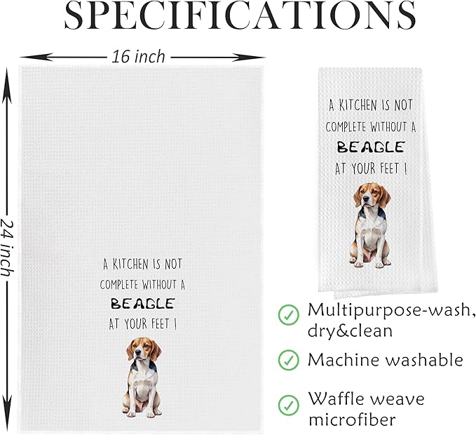 Funny Beagle Dish Towels Set - Beagle Gifts Decorative Waffle Weave Kitchen Towels, Hand Towel, Tea Towel (16×24 Inches, Set of 2)