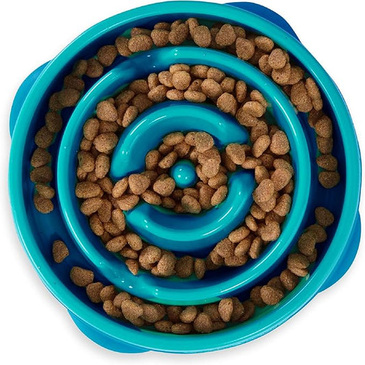 Outward Hound Fun Feeder Slo Bowl – Medium 2‑Cup Capacity, Slow Feeding, Small to Medium Dogs & Cats, Non-Slip, Turquoise, Drop Pattern (Pack of 12)