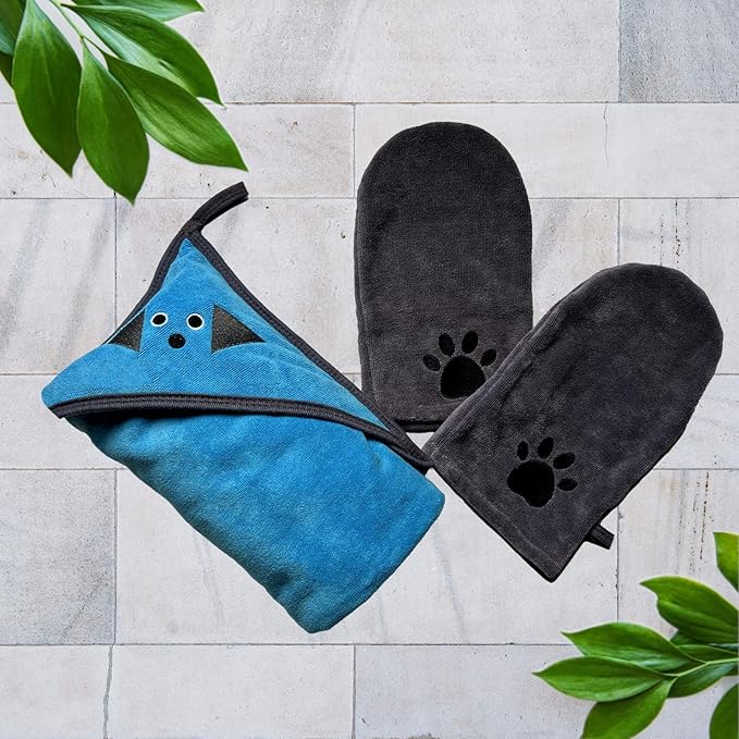 Penny & Niko Multi Purpose Microfiber Pet Towel and Mitt Set - Cat, Dog Drying Towel/Hooded Robe and Paw Cleaning Gloves - 30x30 inches - Blue/Gray Set