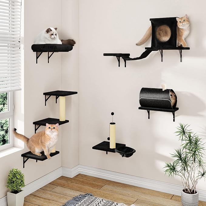 NUNU LAB 7-in-1 Cat Wall Shelves, Wall Mounted Cat Climber Set, Cat Furniture with House, Tunnel, Bridge, Steps, Scratcher, Hammock, Shelves for Indoor, Dark Black