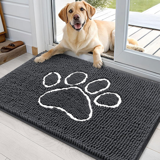 OLANLY Door Mat for Muddy Dog Paws 36x24, Ultra Absorbent Chenille Mud Doormat with Paw Print Design, Non-Slip Washable Doormat for Indoor Entryway, Quick-Dry Pet Bed Mats for Dirty Dogs, Dark Grey