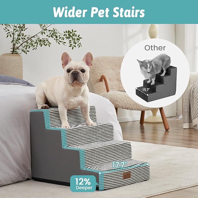 Dog Stairs for Small Dogs, 4 Tier Wider Pet Stairs for Couch and Beds, 17.7" H Non-Slip Dog Steps for Old Cats, Puppy, Small Medium Dogs, 17.7x23.6x17.7 inch, White Black