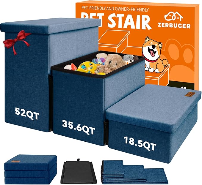 Dog Stairs with Storage 18" H, 3-Step Wider Dog Steps for Small/Medium/Large Dogs Cats, Folding Sturdy Pet Stairs Climbing Bed or Sofa, Ramp for Car Hold Up to 200 lbs (Navy Blue, No Condo)