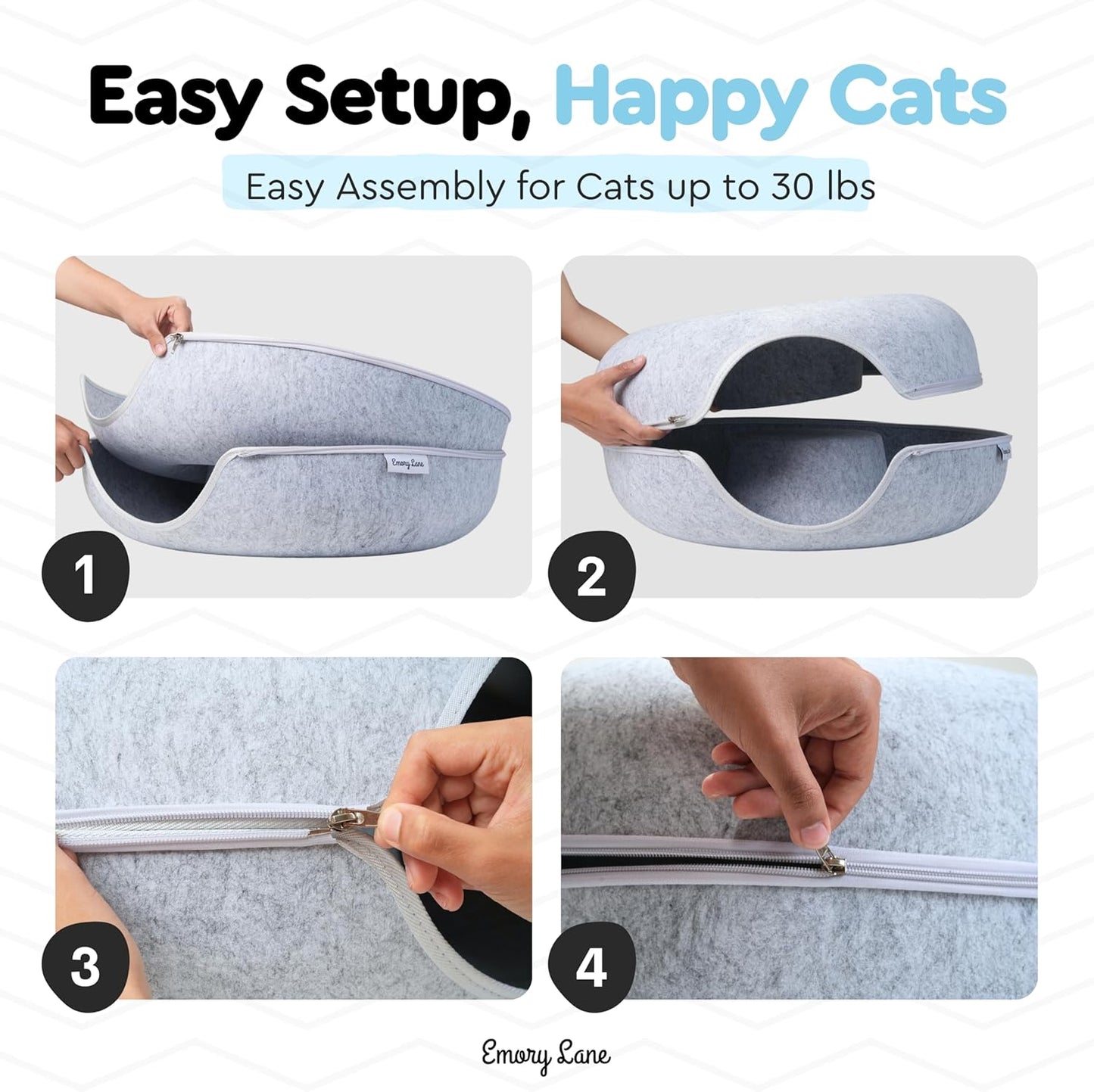 Emory Lane - Premium Cat Cave for Small Pets, Multifunctional Donut Tunnel Bed for Indoor Pets, Round Felt Pet Cave with Premium Zipper, for Pets up to 40 Lbs (24x24x11 Inch) (Light Gray)