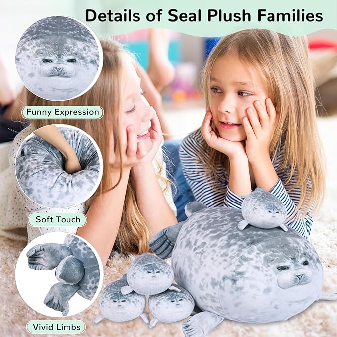 ETAOLINE Chubby Blob Seal Pillow Cute Seal Plush Toy Cotton Stuffed Animals with 4 Baby Seal Plushies