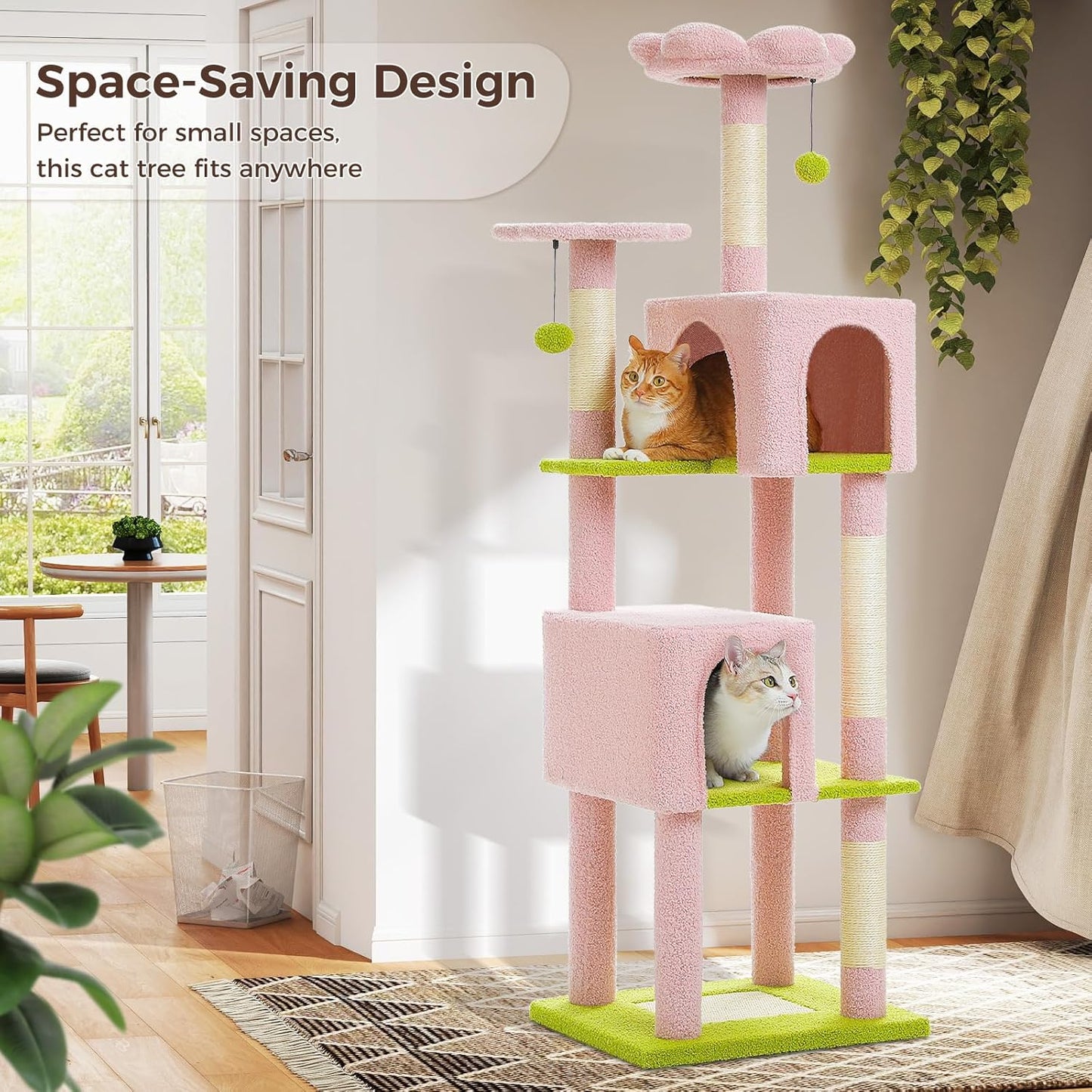 Flower Cat Tree, 62-Inch Large Cat Tower for Multi-Cat Households w/Scratching Posts, Multi-Level Cat Condo w/Cozy Top Perch & Scratching Pad, Padded Platform, 2 Pompoms, Pink