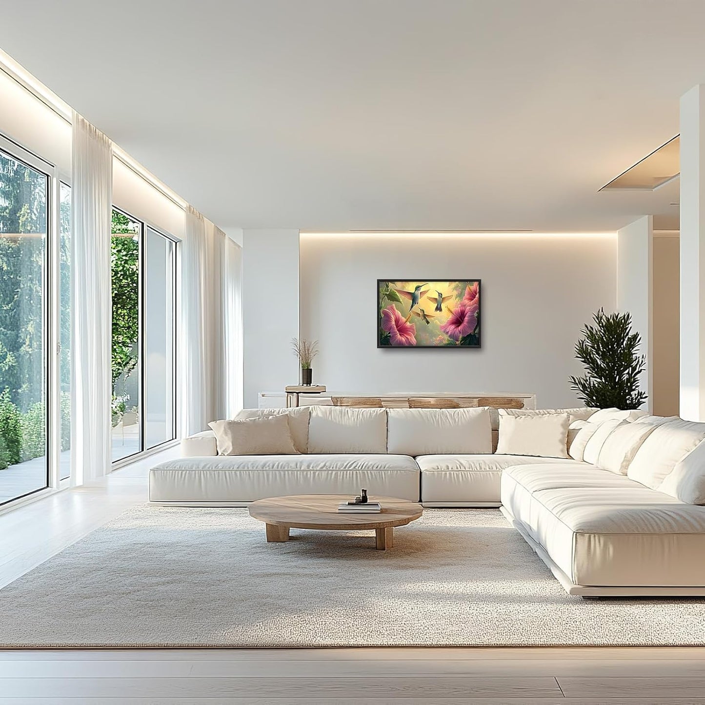 Framed Large Hummingbird Wall Art for Living Room, Oversized Rustic Bird Flower Wall Decor Floral Canvas Painting Nature Sunrise Pictures Modern Artwork for Bedroom Office Dinging Room 36"x24"