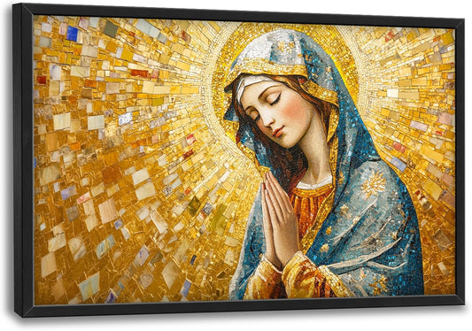 Extra Large Virgin Mary Framed Wall Art for Living Room,Oversized Golden Christian Religious Pictures Wall Decor,Canvas Print Painting Modern Artwork Bedroom Office Bathroom 36L" x 24W"