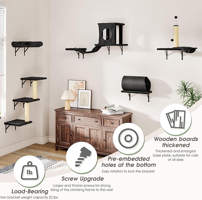 NUNU LAB 7-in-1 Cat Wall Shelves, Wall Mounted Cat Climber Set, Cat Furniture with House, Tunnel, Bridge, Steps, Scratcher, Hammock, Shelves for Indoor, Dark Black