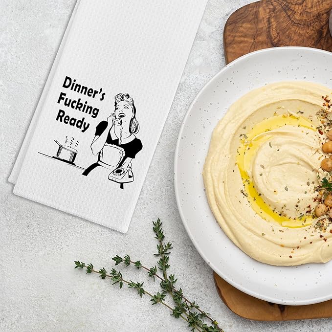 Funny Dish Towels with Sayings Dinner's Fxxking Ready Kitchen Towels Adult Humor Dishcloth for Kitchen Decor Novelty Birthday Gifts Sweet Housewarming Gifts for Women Hostess Sister Friend