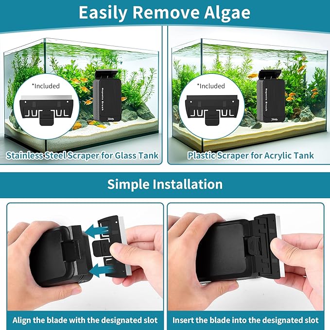 Hygger Aquarium Magnet Glass Cleaner, Magnetic Fish Tank Cleaner With 2 Blades for Glass and Acrylic Aquariums, Aquarium Algae Scraper with Super Strong Magnet for fish tanks 0.25-0.5 inches thick (M)