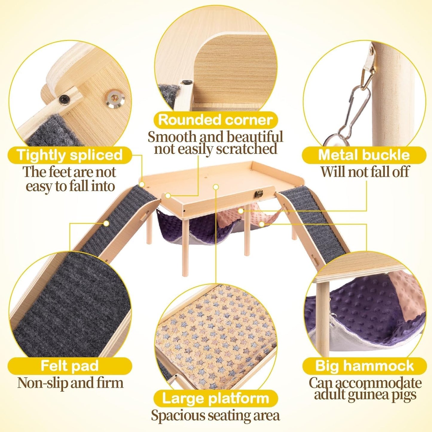 Enlarged Guinea Pig Hammock with Platform and Stairs,Wooden Foldable Piggies Hideout for Guinea Pigs Bunny Ferret Hamster Hiding Sleeping Activities 24L x 12W x 11H in（Double）