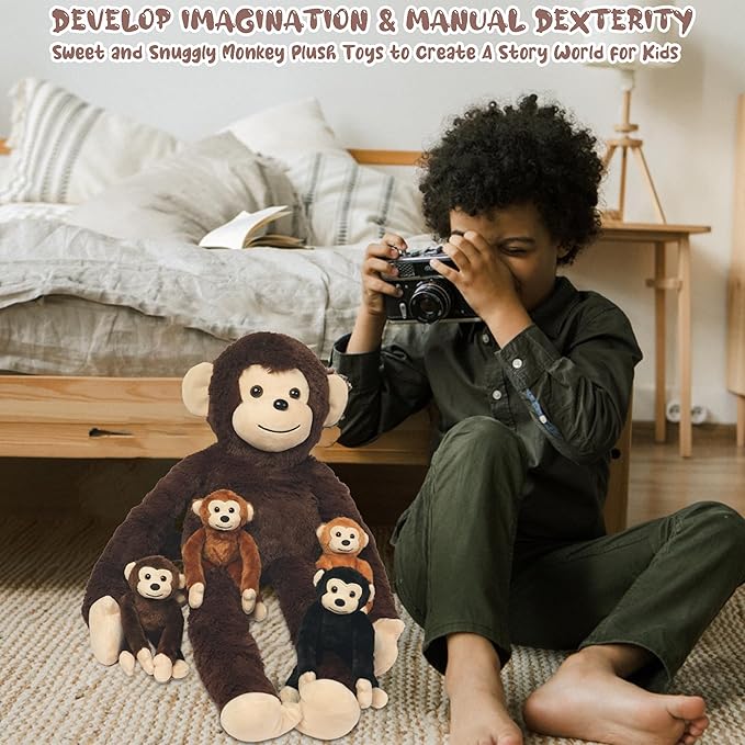 5 PCS Monkey Stuffed Animal, Large Mommy Stuffed Monkey Toy with 4 Baby Monkeys in Zippered Pouch, Huggable Monkeys Plush for Kids Forest Party Decor Christmas Birthday Gifts