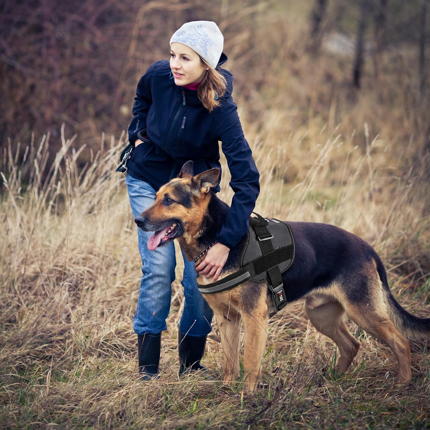 Dogline Dog Harness, Reflective No-Pull Adjustable Vest with Handle for Walking, Training, Breathable, No - Choke Harness for Small, Medium or Large Dogs Room for Patches Girth 22"-28" in Black