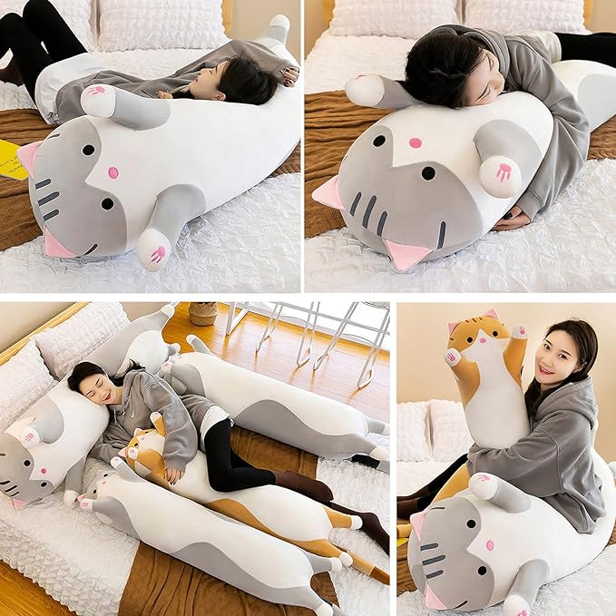 Giant Cat Pillow Plush Cartoon Kitty Sleeping Hugging Pillow, Cuddly Soft Long Kitten Body Pillow Doll Cat Cushion Toy for Kids Girlfriend (Gray, 50cm/19.68inch)