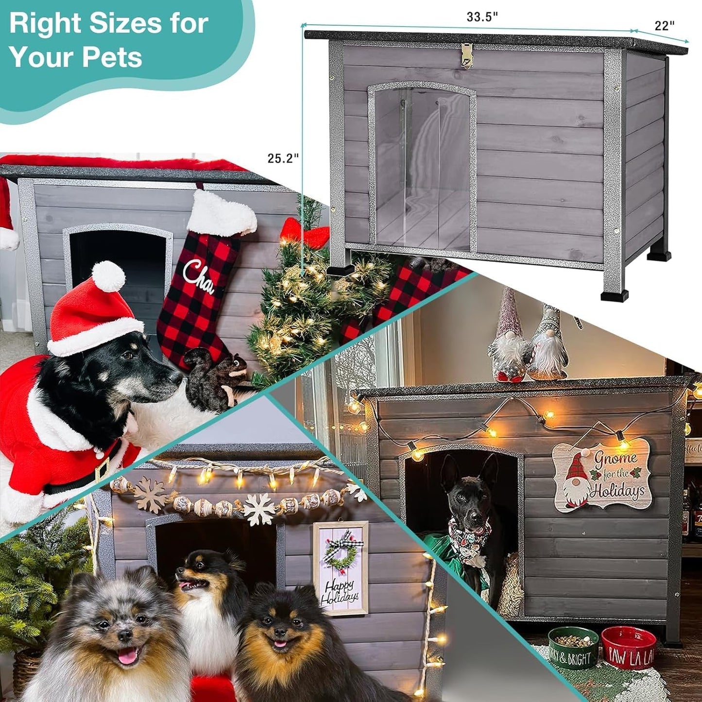 Feral Dog House Outdoor,Anti Bite Iron Frame Dog Kennel,Wood Warm Pets Home,Insulated Weatherproof Outside Shelter for Feral Animal (33.5"(L)×22"(W)×25.2"(H)-Grey-in)