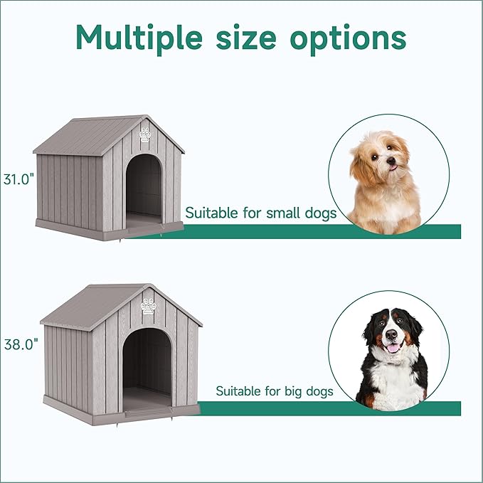 DRATO Indoor Outdoor Waterproof Dog House,PP Material,Puppy Shelter with Air Vents and Elevated Floor,Sturdy Dog Kennel for Small to Large Sized Dogs, Easy to Assemble (Gray, 38.62×36.26×38.07 Inches)