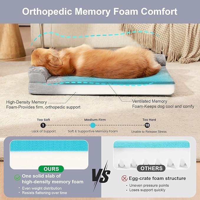 Orthopedic Dog Beds for Large Dogs, Memory Foam Dog Beds Large Sized Dogs, Washable Removable Cover, Nonskid Bottom, Waterproof, for Indoor, Outdoor, Crate ＆ Car Use, 41x27x6 Inches, Light Grey