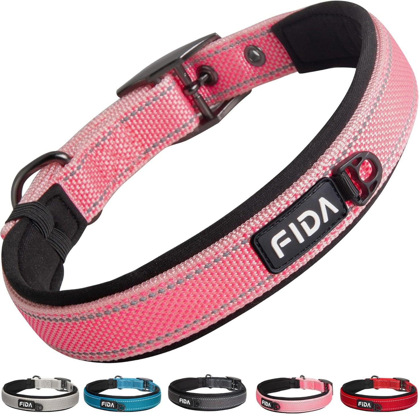Fida Heavy Duty Dog Collar, Ultra Comfortable Soft Neoprene Padded, Adjustable Reflective Nylon Pet Collar with Durable Metal Belt Buckle for Medium Breeds (M, Pink)