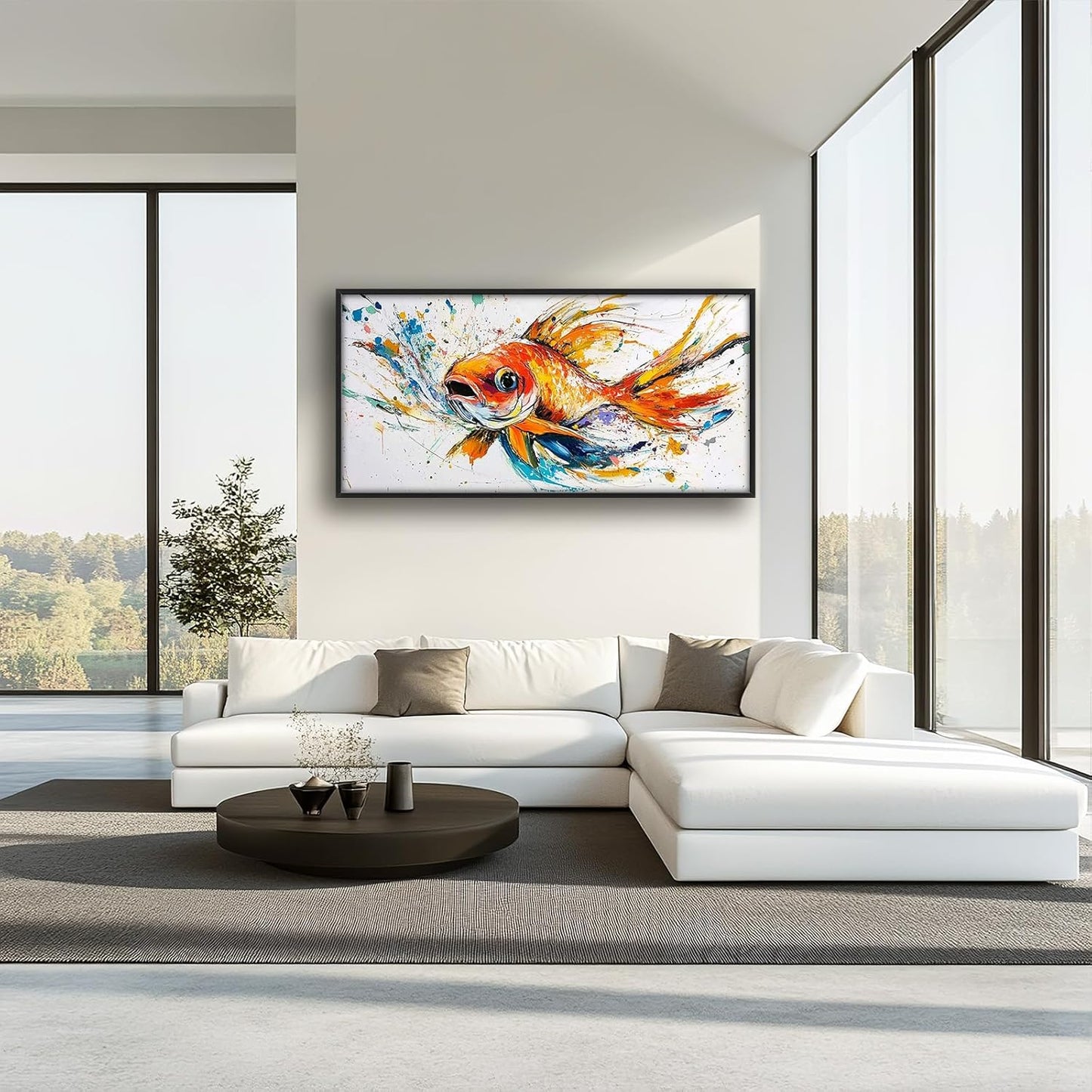 Framed Large Fish Wall Art for Living Room, Oversized Graffiti Goldfish Wall Decor Watercolor Fishing Canvas Painting Modern Artwork Home Decoration for Living Room Bedroom Office 60"x30"