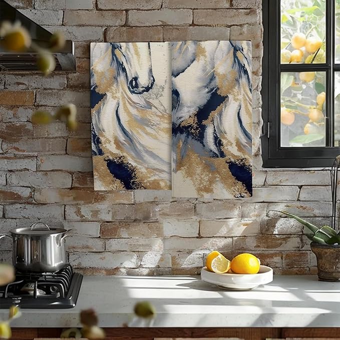 Golden Horse Oil Painting Kitchen Hand Towel Set of 2,Abstract Art Painting Bathroom Hand Towel,Soft Absorbent Decorative for Bathroom Kitchen Hotel