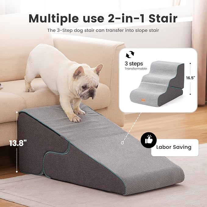 Gardner Pet Dog Stairs for Small Dogs 16.5" H, 2 in 1 Transformable 3-Step Pet Stairs and ramp, Dog Steps for Couch (13-20 in) with Durable Non-Slip Waterproof Cover and CertiPUR-US Certified Foam