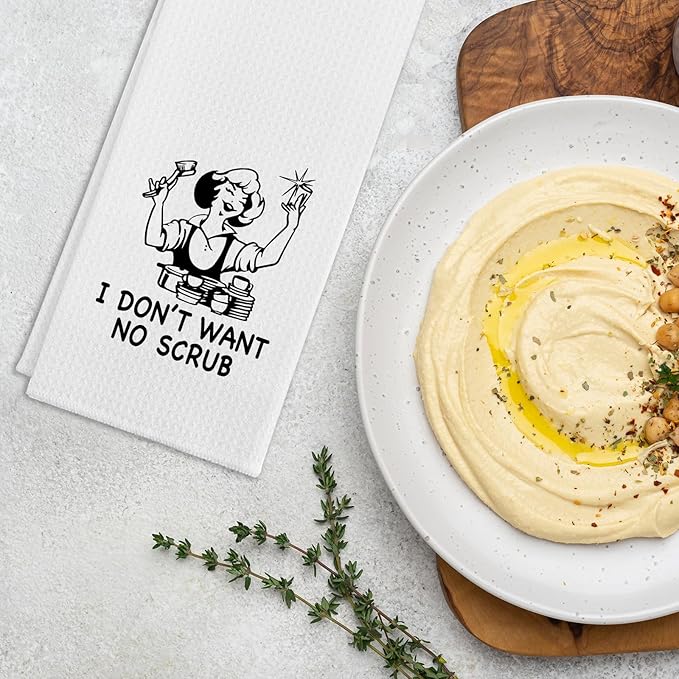 Funny Kitchen Dish Towels I Don't Want No Scrub Cleaning Cloth Retro Sassy Housewife Dishcloth Housewarming Gifts for New Home Funny Birthday Gifts for Hostess Wife Women Sister 16x24 Inch