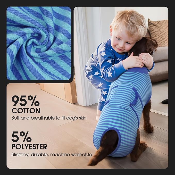 FUAMEY Recovery Suit for Dogs After Surgery,Soft Breathable Dog Bodysuit E-Collar & Cone Alternative Surgical Suit,Male Female Dog Neuter Spay Suits Anti Licking Wounds Onesie Navy Blue Strips L