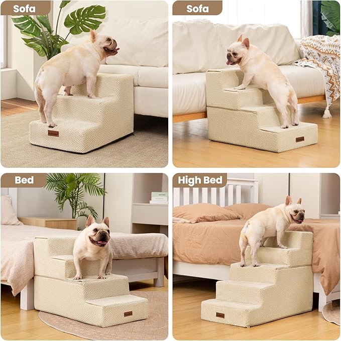 Dog Stairs for Small Dogs & Cats, 3-Step Extra Wide Non-Slip Pet Steps for Couch Sofa and Chair, Beige, 15.7" H