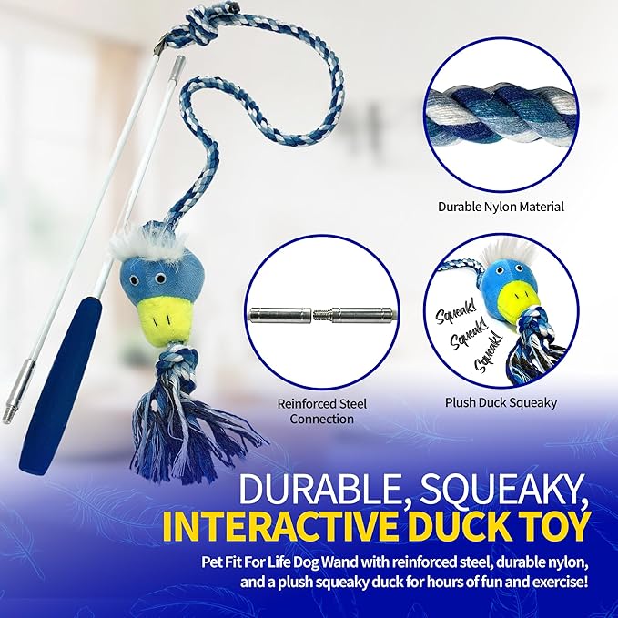 Pet Fit For Life Flirt Pole for Dogs – Extra Long 31" Dog Teaser Wand with Plush Duck Squeaky Attachment | Promotes Animal Health & Fitness, Made w/Soft & Durable Materials | Gift Idea