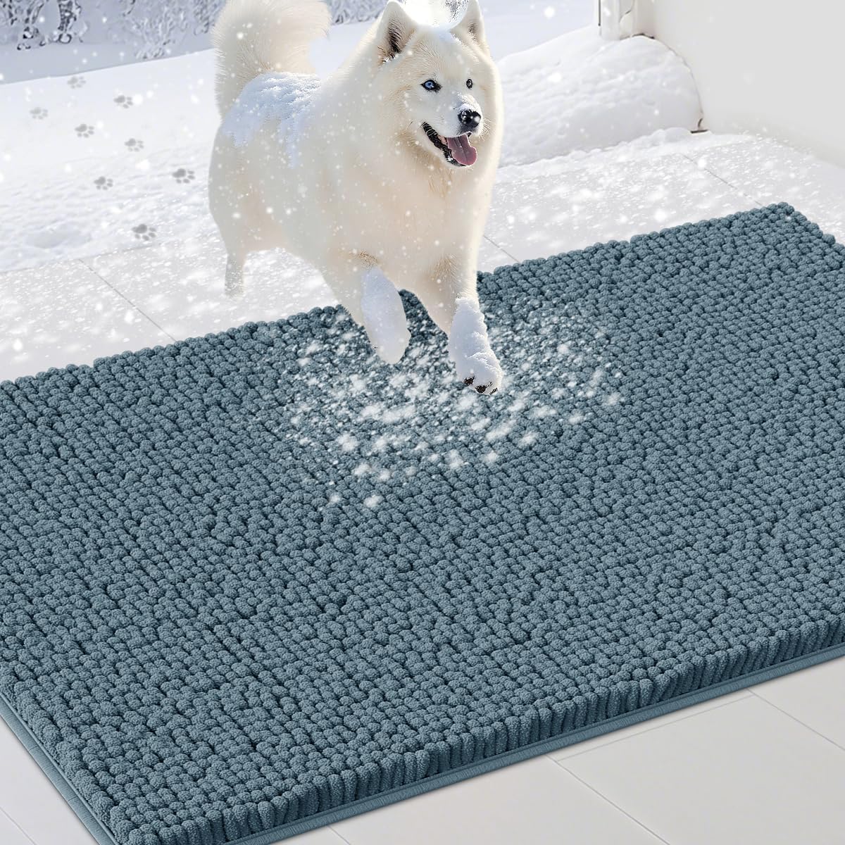 Dog Door Mats for Muddy Paws, Chenille Absorbent Dog Mats, Non Slip Heavy Mud Mat for Dogs, Soft Pet Mat for Entryway, Mud Paws, Inside Floor,48" x 38", Dusty Blue